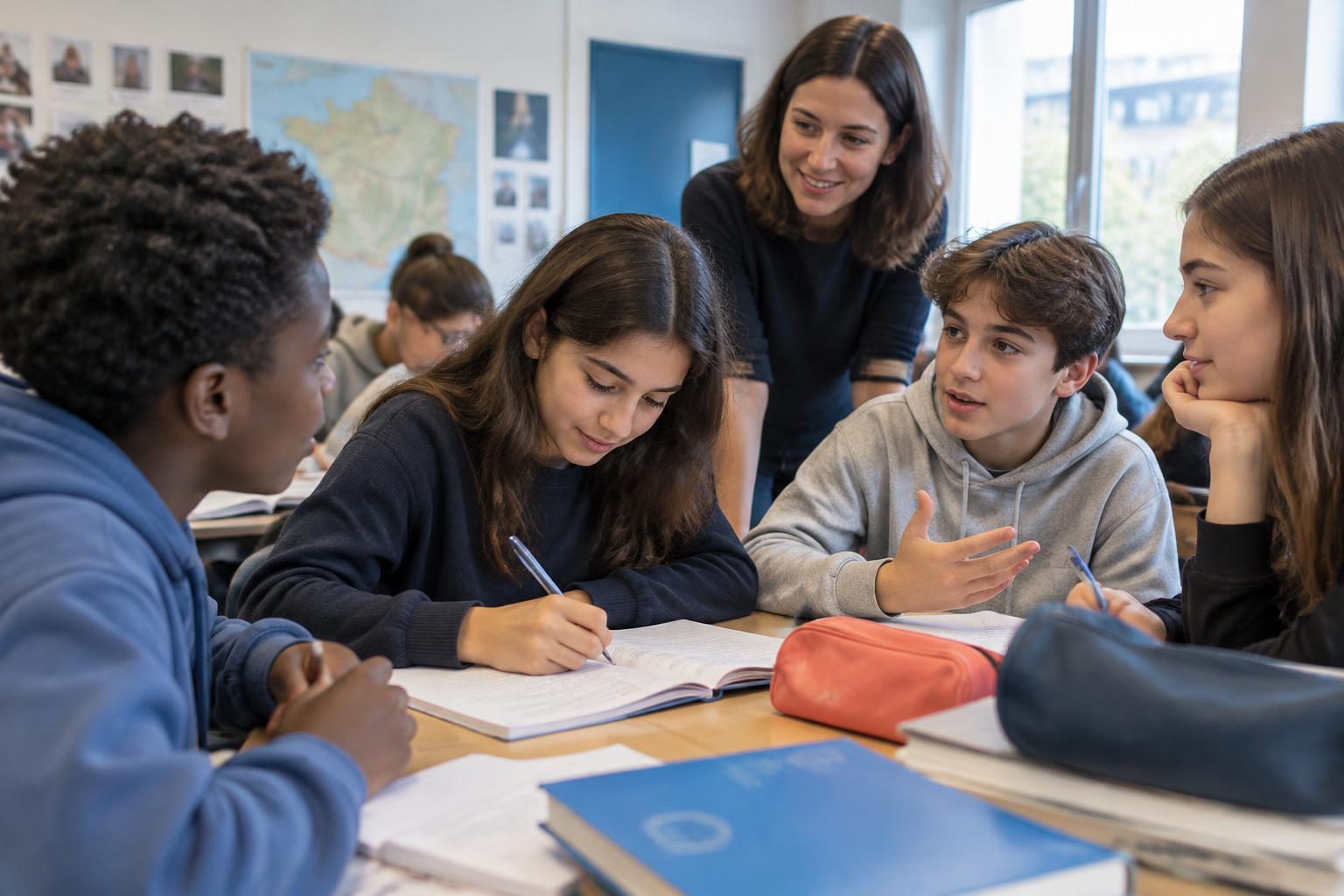 Illustration d'un atelier d'écriture réunissant des collégiens